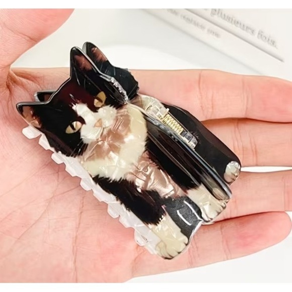 Tuxedo Cat Hair Claw Clip Black White Excellent Acetate Feline